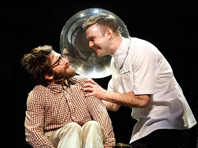 Jake Gyllenhaal and Taran Killam in Little Shop of Horrors; photo by Joan Marcus